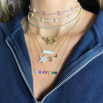 

2019 simple rainbow baguette cz bar necklace square cz geometric minimal gold filled delicate pendant neck fashion jewelry largo