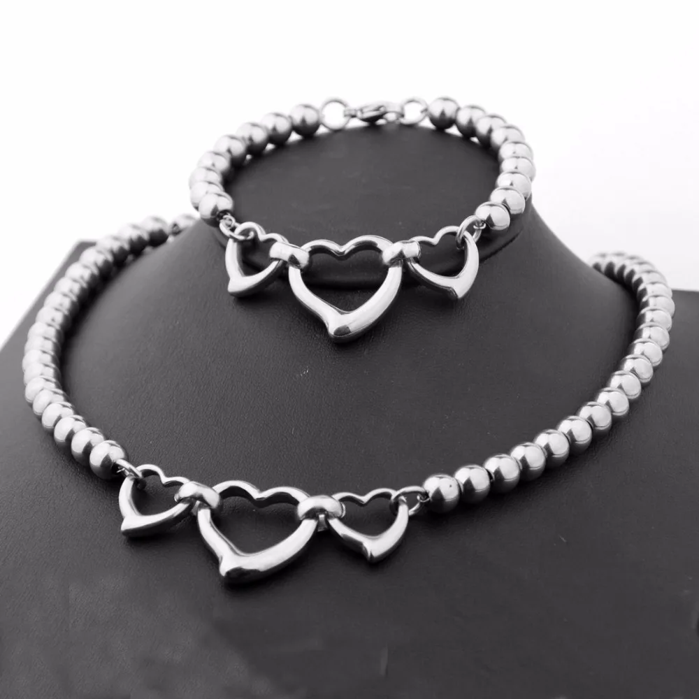 

6/8mm Top Stainless Steel Silver Tone Beads Chain Women's Heart Pendant Link Jewelry Sets Necklace&Bracelet Jewelry