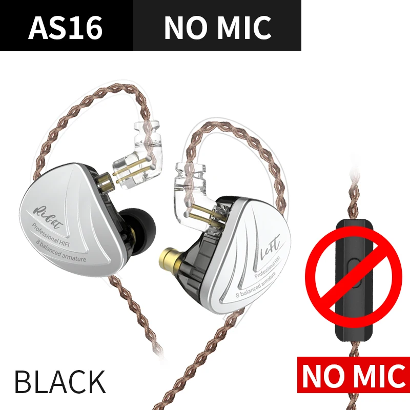 Black No Mic KZ AS16 гарнитура 16BA сбалансированные арматурные устройства HIFI бас в ухо монитор наушники шумоподавления наушники для телефона - Цвет: Black No Mic