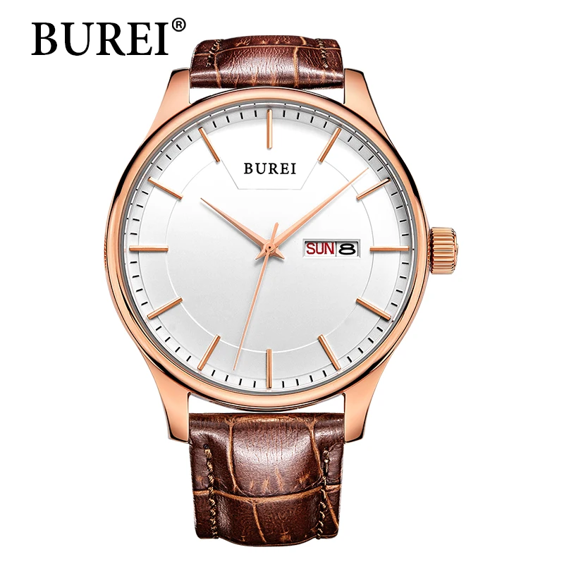 

Fashion BUREI Quartz Watch Men Stainless Steel Japanese Quartz Movement Double Calendar Thin Genuine Leather Relogio Masculino