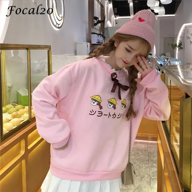 Focal20 Harajuku кружево лоскутное Женский свитшот японский печати экипажа средства ухода за кожей шеи с длинным рукавом Свободные бантом флис