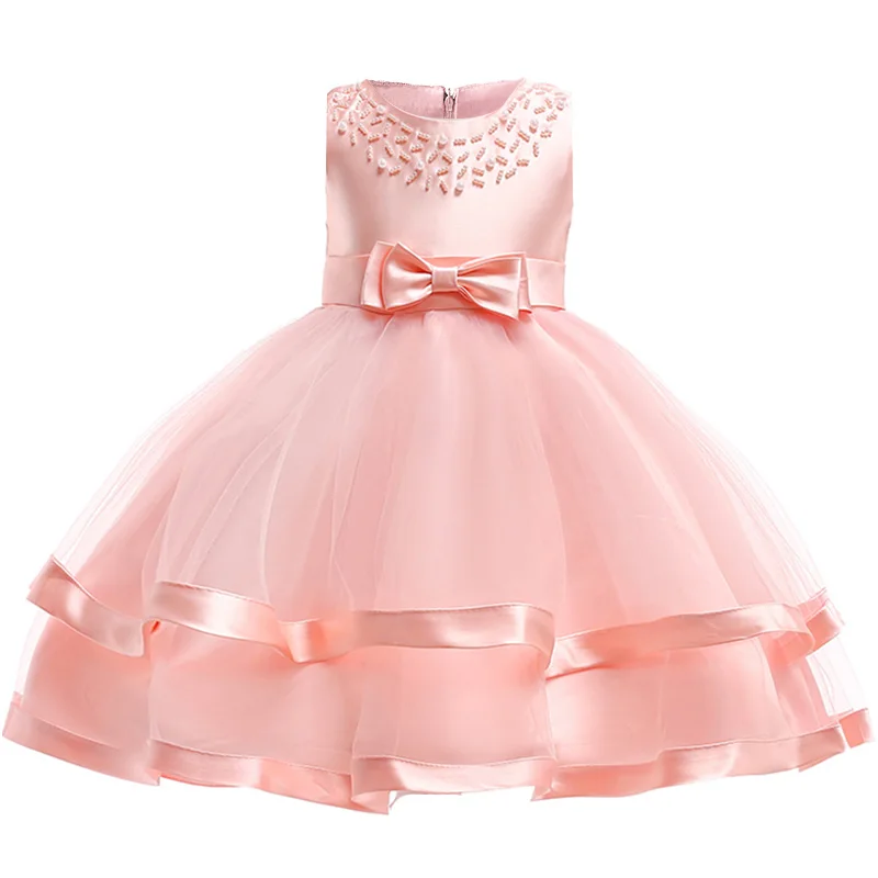 Одежда для детей; сетчатые Платья с цветочным узором и бусинами для девочек; бальное платье; одежда для первого причастия; платье принцессы; костюм для малышей; vestido comunio - Цвет: Flesh pink