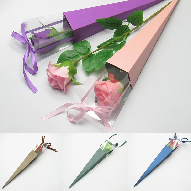 Один цветок розовая коробка ПВХ треугольная коробка букет упаковочная бумага пластиковые бумажные пакеты коробки, футляры для цветов подарочная упаковка