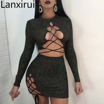 

Sexy Hollow Out Two Pieces Set Summer New O Neck Backless Crop Tops And Side Lace Up Skirt Dresses Sets