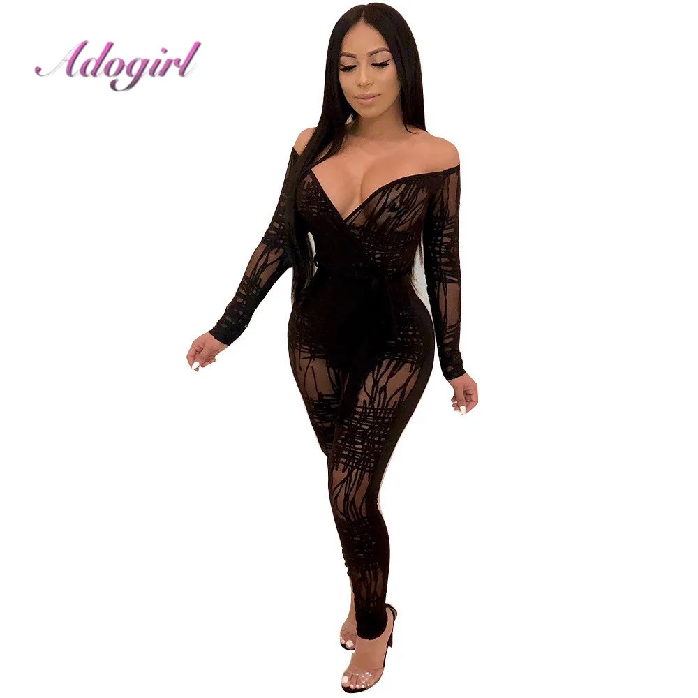 

Sexy Sheer Mesh Lace Up Bodycon Wrap jumpsuit Summer Women Overalls Outfit Casual V Neck Long Sleeve Bandage Night Party Rompers
