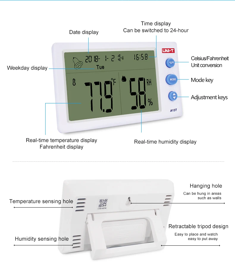 UNI-T A12T A13T цифровой ЖК-термометр гигрометр Измеритель температуры и влажности Будильник Погода в помещении наружный измерительный прибор