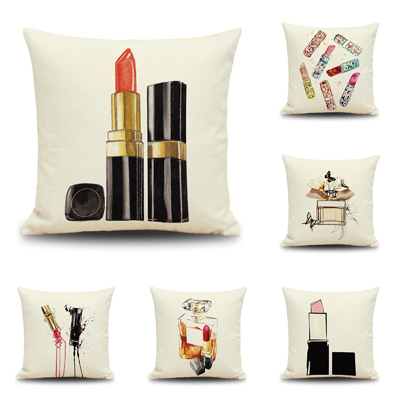 

Modern Sofa Cushion Cover Cotton Linen Decorative Throw Pillow Cover Perfume Bottle Lipstick Printed Bedding Home Decor 45x45
