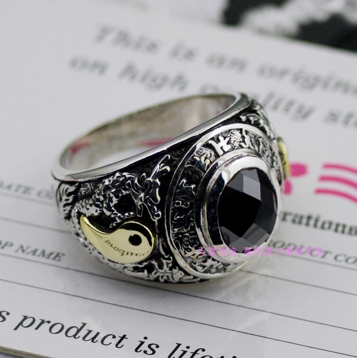 

* 925 sterling silver authentic ov black natural stone six words dragon ring