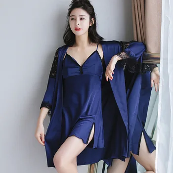 

Silk Bathrobe Women Nightgown Robe Set Satin Home Dressing Gown Bath Robe Sexy Lingerie Lace Nighties Women Nightdress Sleepwear