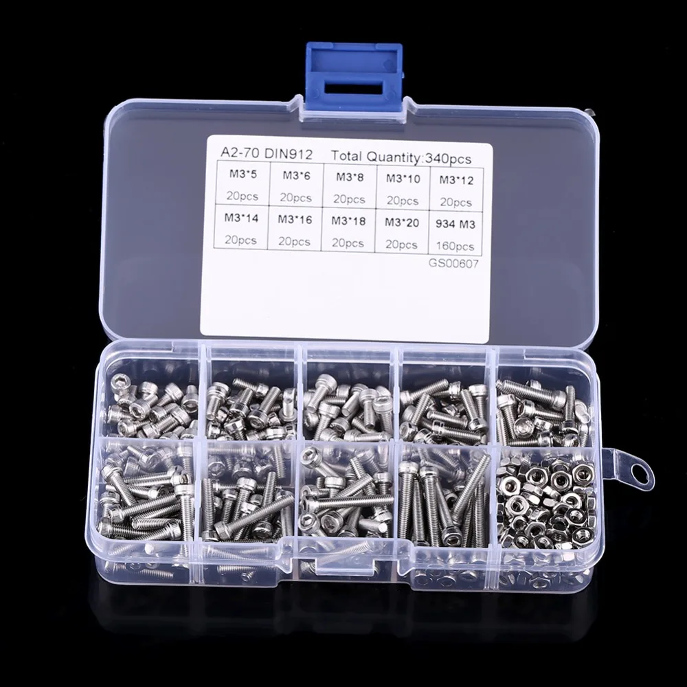 

340pcs/Box Hex Socket Screws Bolts Nut M3 Stainless Steel Cap Head Screw Set Fastener Assortment Kit Repair Tools Set