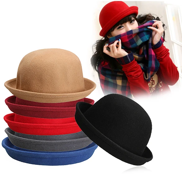 

Vintage Women Men Woolen Roll Brim Bowler Hats Unisex Billycock Classic JL