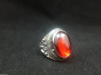 

China Rare Old Collectible tibet Silver Carving butterfly Inlay red gem Ring