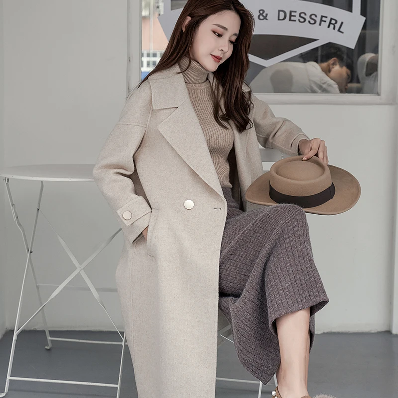 JECH 2018 Autumn and winter new women's pure wool coat V-neck fashion warm jacket herringbone drop