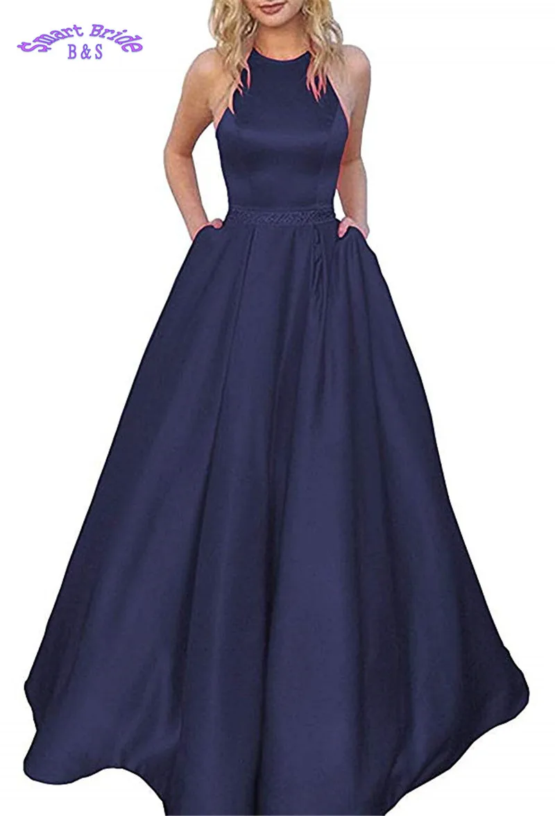 Smart Bride Prom Dresses Long Halter A line Satin Beaded Backless