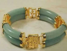 

GREEN CHINESE JADE BEAD BRACELET 7.5" Silver Bangle Bridal wide women men Bridal wide jewelry 2 pcs Lustrous 14k Gold Plated