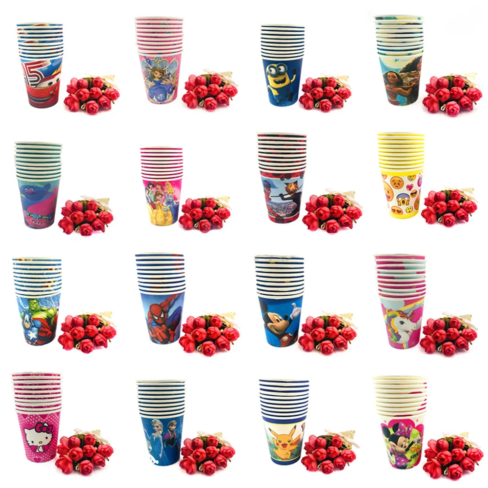 

10pcs/set Lightning Mcqueen Frozen Elsa And Anna Sofia mermaid Trolls Moana Mickey Mouse Spider man party supplies cups