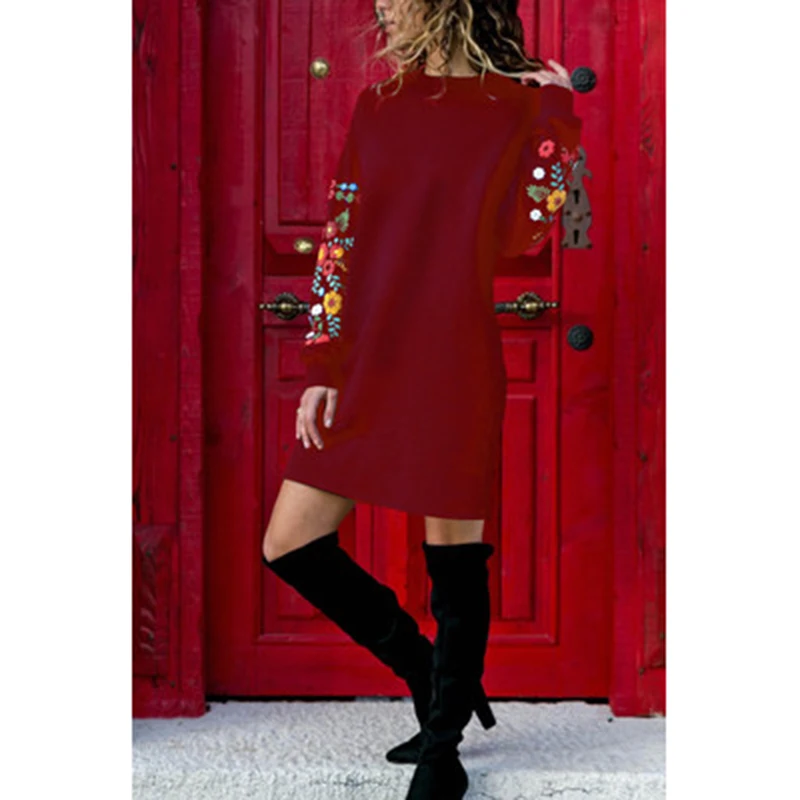 Женское зимнее теплое платье, элегантное платье с цветочным принтом, длинный рукав, круглый вырез, свободный свитер, платье, одежда, Vestido SJ1241V
