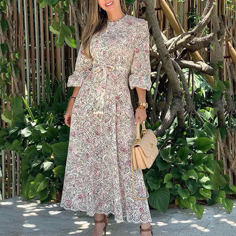 

2019 Early Autumn Printed Woman Dress Embroidered Hollow Out Puff Sleeve Lady Party Dress with Belt