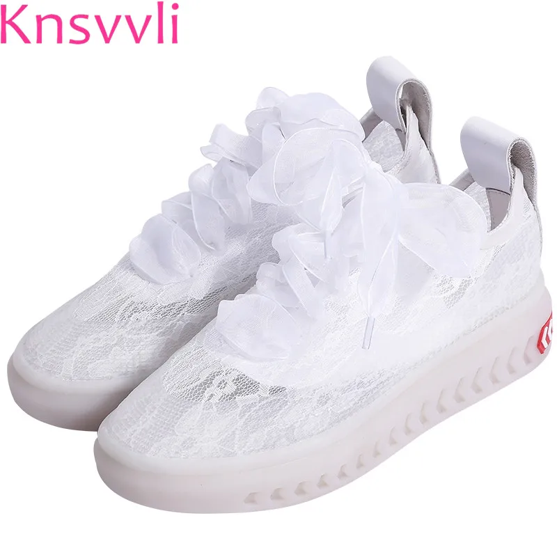 

Knsvvli Spring Summer Lace White Thick Soled Platform Shoes Lady Lace-up Ventilation candy color Casual Shoes Women