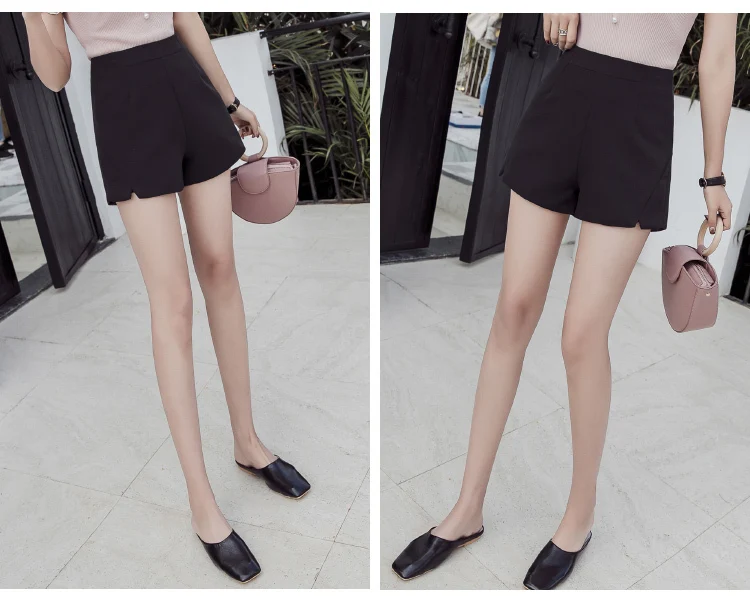 Летние элегантные тонкие шорты женские черные, белые, абрикосовые футболка с вырезом Высокая талия широкие ноги линия короткие Feminino корейские шорты