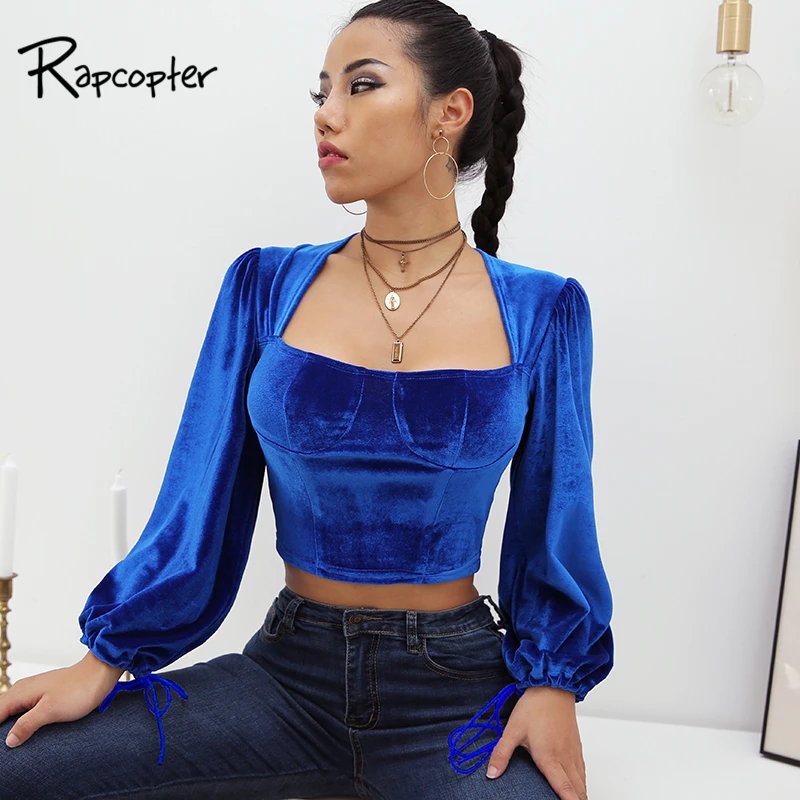 

Rapcopter Soild Women Warm Tees Top Long Sleeve Short Autumn Winter T-shirt High Street 100% Polyester Tees Square Collar Shirts