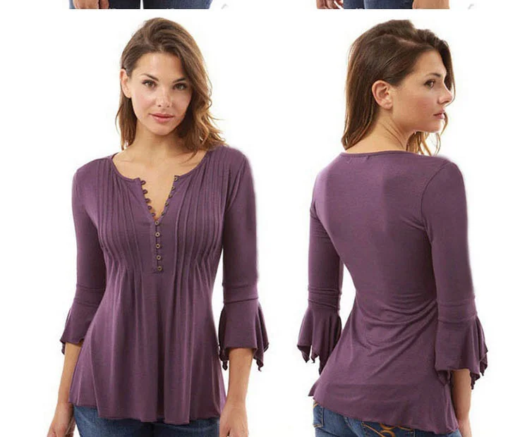 Корейский стиль, женская блузка, рубашки,, элегантные, с оборками, женские топы размера плюс, с расклешенными рукавами, однотонная, повседневная, свободная рубашка, blusas feminina - Цвет: dark purple