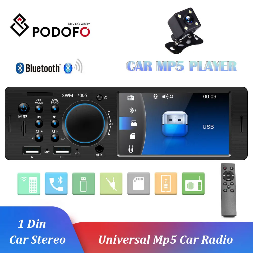 Автомагнитола Podofo универсальная 1 Din FM радио Bluetooth MP3 MP5 плеер 4 дюйма 12