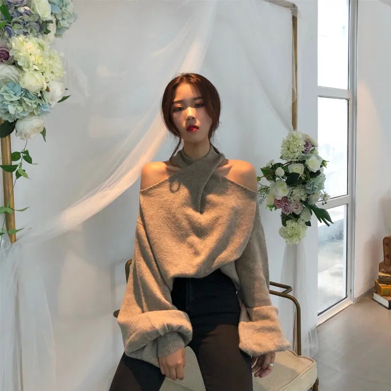 Women Retro Criss-Cross Halter Knitted Sweater Off