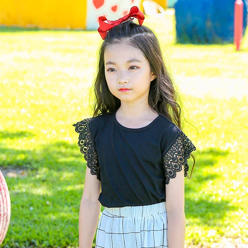 Girls Lace Black T shirt Short Sleeve 95 Cotton Little Girls Summer
