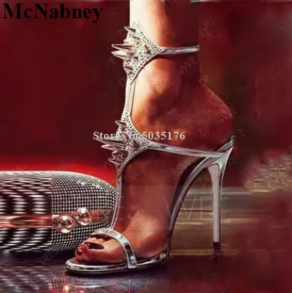 

McNabney Women Sandals Rhinestone Rivet Stiletto Heel T-tied Buckle Ankle Strap Peep Toe Summer Sandals Fashion Gold Women Shoes