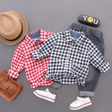 Весна Summet Пледы Проверяет блузка для маленьких мальчиков и девочек рубашка в полоску с длинными рукавами Комплект детской одежды От 2 до 8 лет