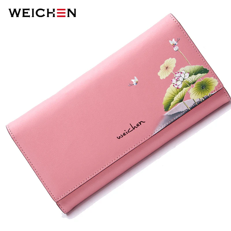 

WEICHEN New Genuine Leather Women Wallet Vintage Floral Printed Blue Wallets Ladies' Long Clutches With Coin Purse Card Holder