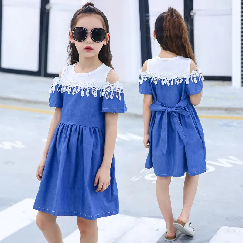 

Girls Denim Dresses for Children 2019 New Fashion Casual Dress Lace Flower Off-Shoulder Jeans Vestidos 4 5 7 9 11 12 Years