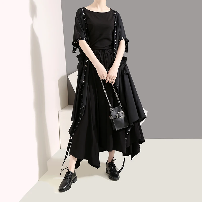 جديد 2019 الكورية نمط المرأة الصلبة أسود فضفاض سترة مفتوحة غرزة طويلة الشريط مع المعادن حفرة سيدة أنيق فريد ارتداء سترة 5096