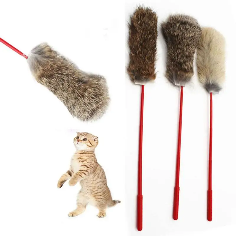 

Random Color Pet Design Soft Rabbit Fur Rod Toys Tease Cat Feather Exercise Durable Toys