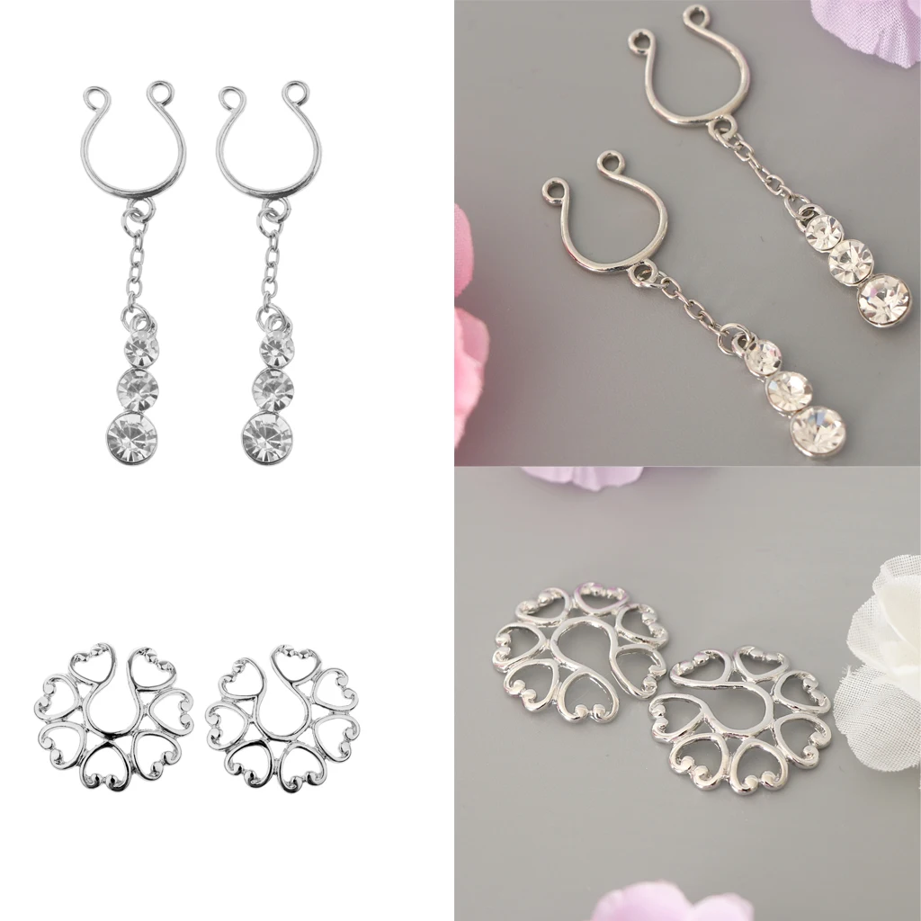 MagiDeal 4Pcs Crystal Stainless Ring Non-piercing Fake Nipple Ring Clip On Adjustable Body Jewelry