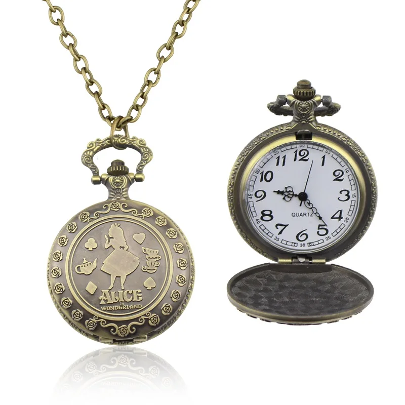 Алиса в стране чудес тема серебро кварцевые карманные часы Винтаж кролик Fob часы для женщин и детей ожерелье подарок на год - Цвет: bronze