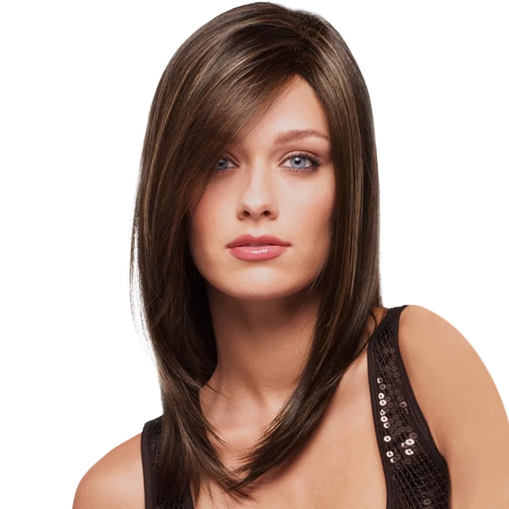 Fashion Long Straight Human Hair Bobo Wigs Synthetic Medium Long Brown