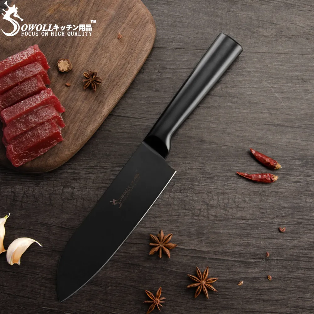 SOWOLL разделочный нож Santoku Nakiri, набор кухонных ножей из нержавеющей стали 3Cr13 с черным лезвием, кухонные принадлежности