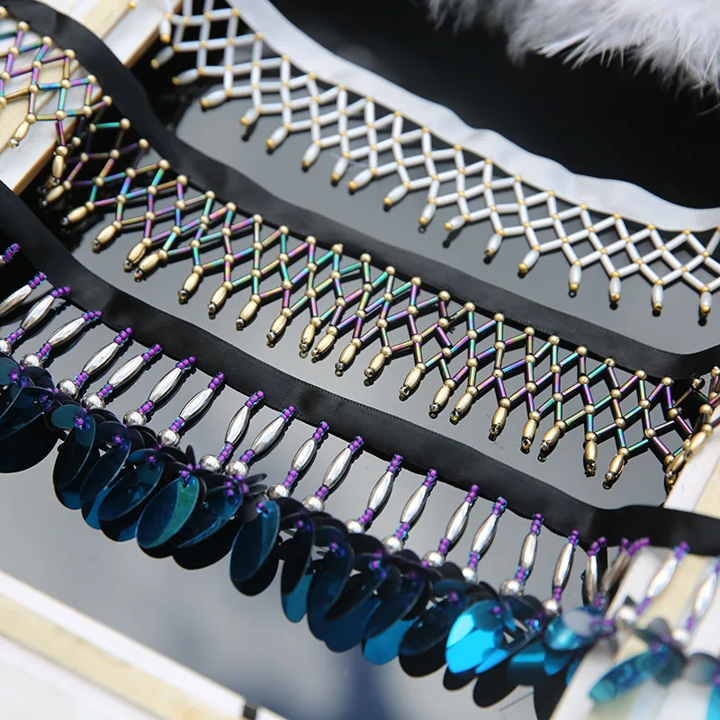 

Beautiful pearl fringe beaded lace trim garment dress accessory for bridal wedding dress decoration shoes ornaments Sequins lace