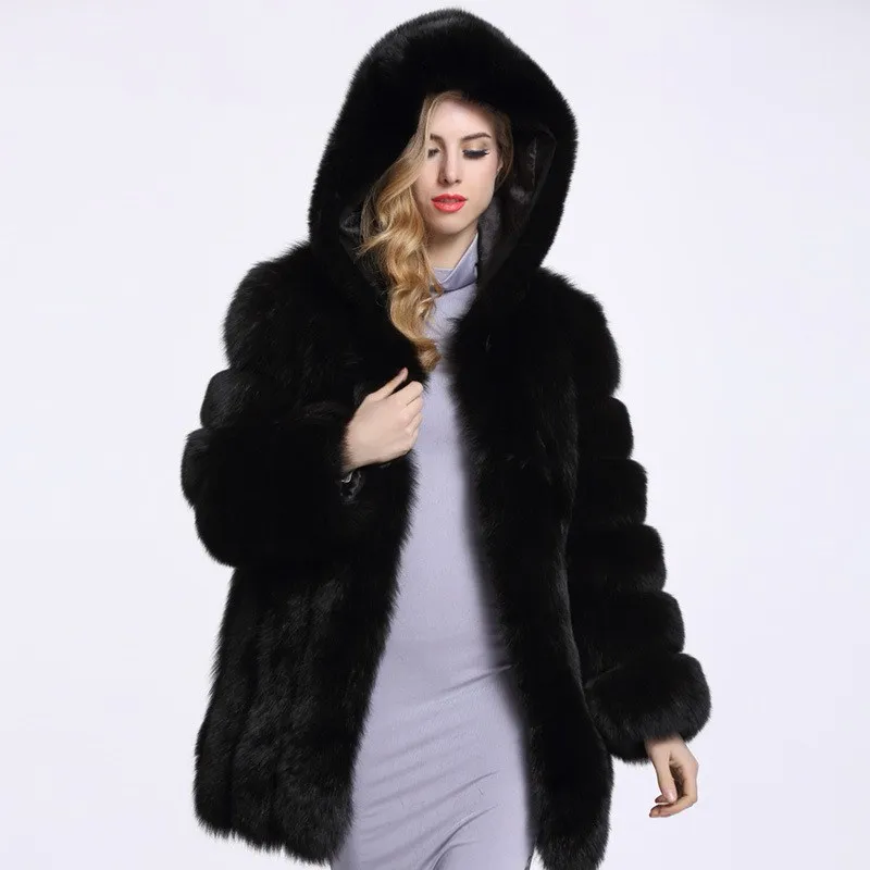 Новая мода шуба из искусственного лисьего меха женские зимние средней длины короткие Роскошные пальто из искусственного меха женская куртка с капюшоном Норковое Пальто пальто - Цвет: Черный