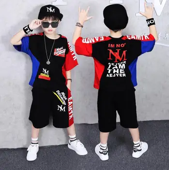 

For 6 8 10 12 14 Years Boys Girls Summer Clothing Set Hip hop Style Dance Costumes Cotton 2 pcs Tracksuit T shirt Shorts outfits