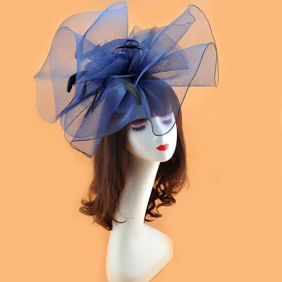 Vintage Bridal Flower Feather Hats Elegant Wedding Accessories Bride Net Hats White Fascinator Hats Women's Formal Occasion Dark blue