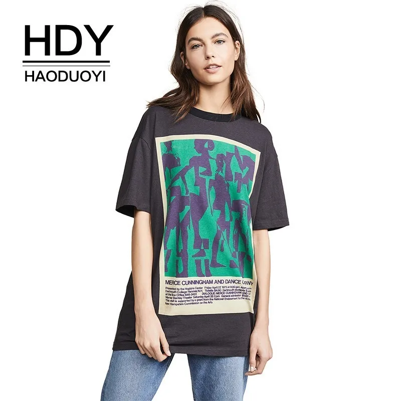 

HDY Haoduoyi 2019 Street Style Simple Fashion Top Boyfriend Style Abstract Pattern Text Summer Female Printed Short Sleeve