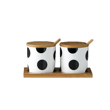 

Quail 2 Pcs Spice/salt/sugar/seasoning Rack,Ceramic Seasoning Jar,Wooden Tray,Bamboo Cover,Storage Cans Kitchen Accessories
