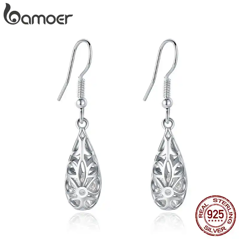 BAMOER 2 цвета 925 стерлингового серебра капельки геометрические простые ажурные Висячие серьги для женщин бижутерия из натурального серебра ...