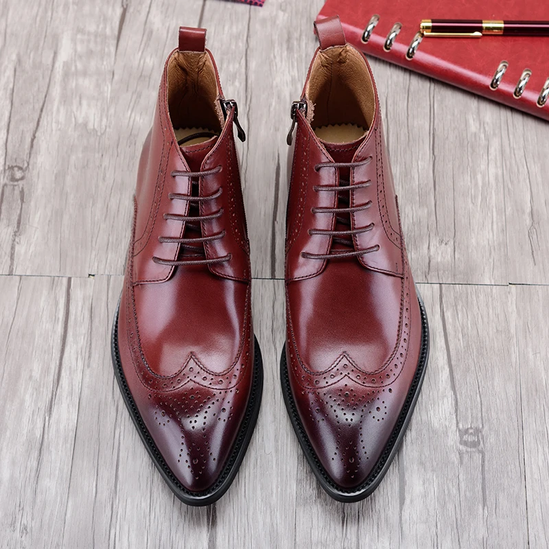Men PJCMG Black/Red Lace-Up Ankle Rubber Casual Genuine Leather Classic Business Office Formal Boots