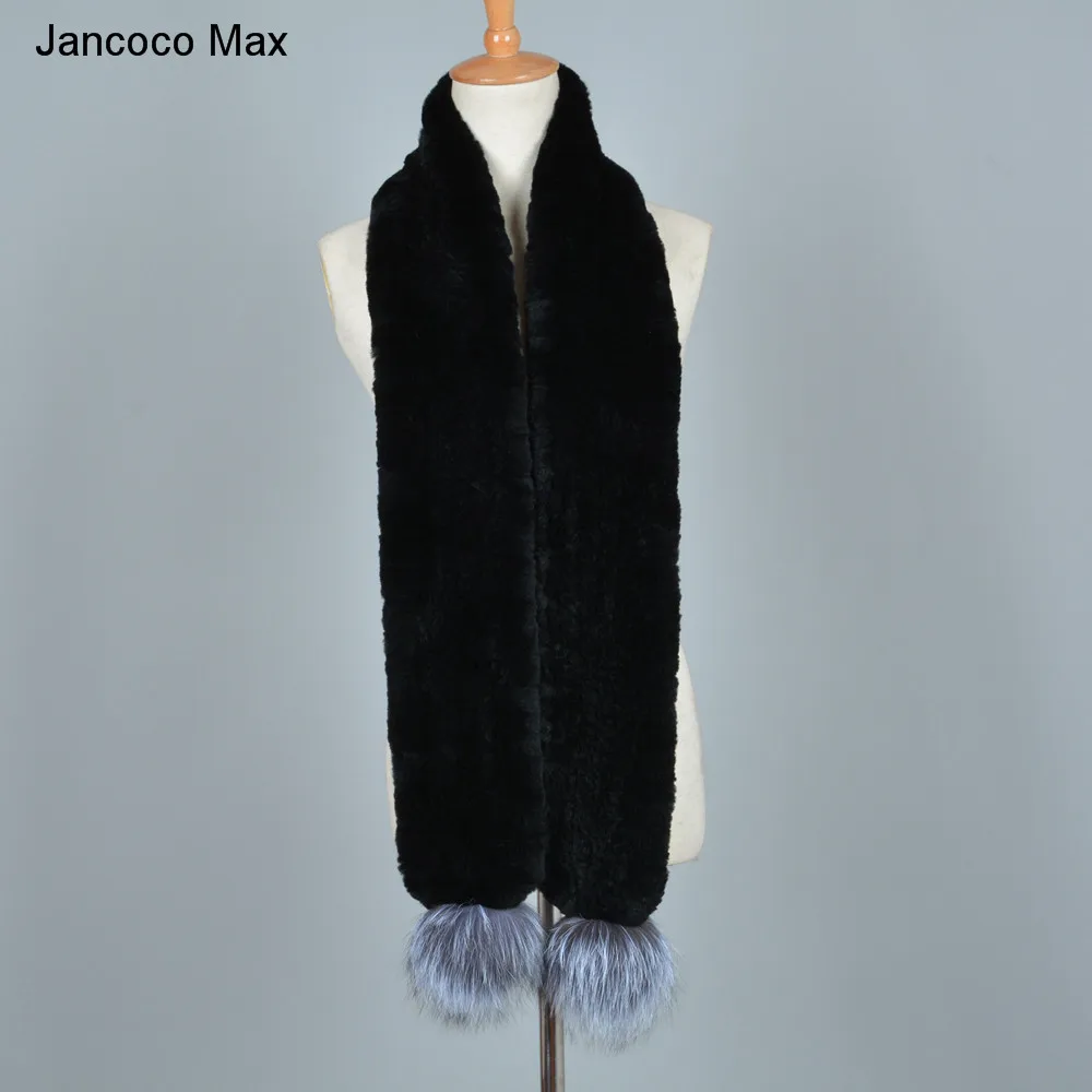 Jancoco Max толстые трикотажные Для женщин Настоящий мех кролика длинный шарф Одежда высшего качества мягкий теплый серебро помпон из лисьего меха S7225