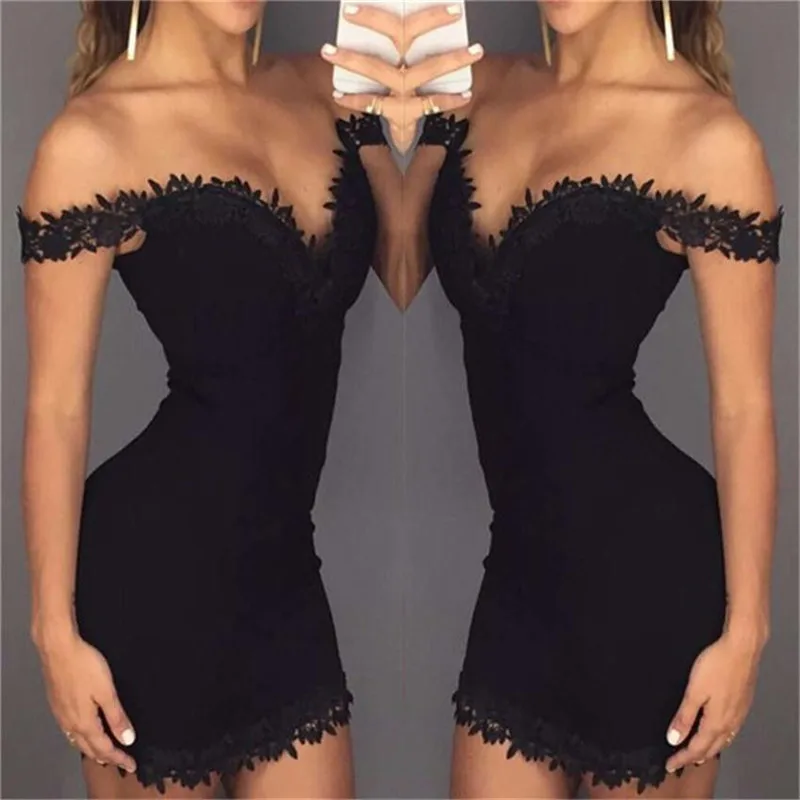 

Women Sexy Off The Shoulder Lace Dresses Short Sleeve Black Bodycon Mini Dress 2018 New Ladies Strappy Party V-neck Club Dresses