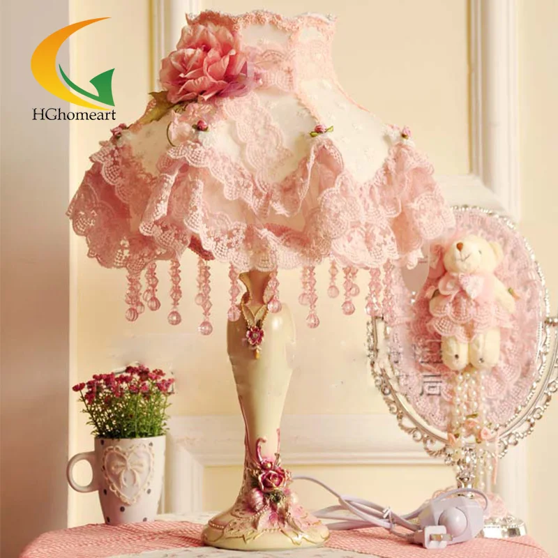 

HGHomeart fashion lace table lamp rustic fabric princess room lamps pink bedside Light lace bedroom